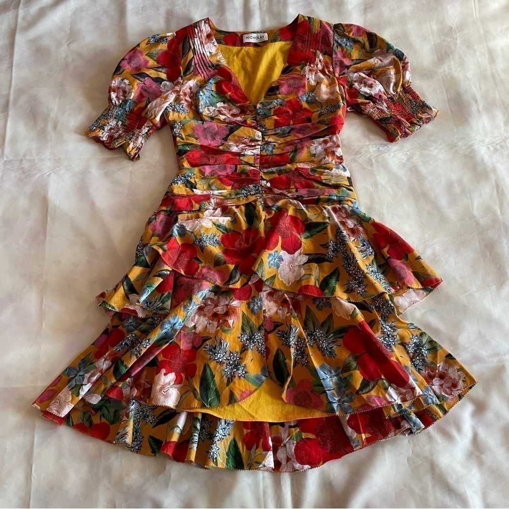 NICHOLAS- Orange Tangerine Floral Puff Sleeve Pintuck Mini Dress Size 4 - Picture 2 of 9